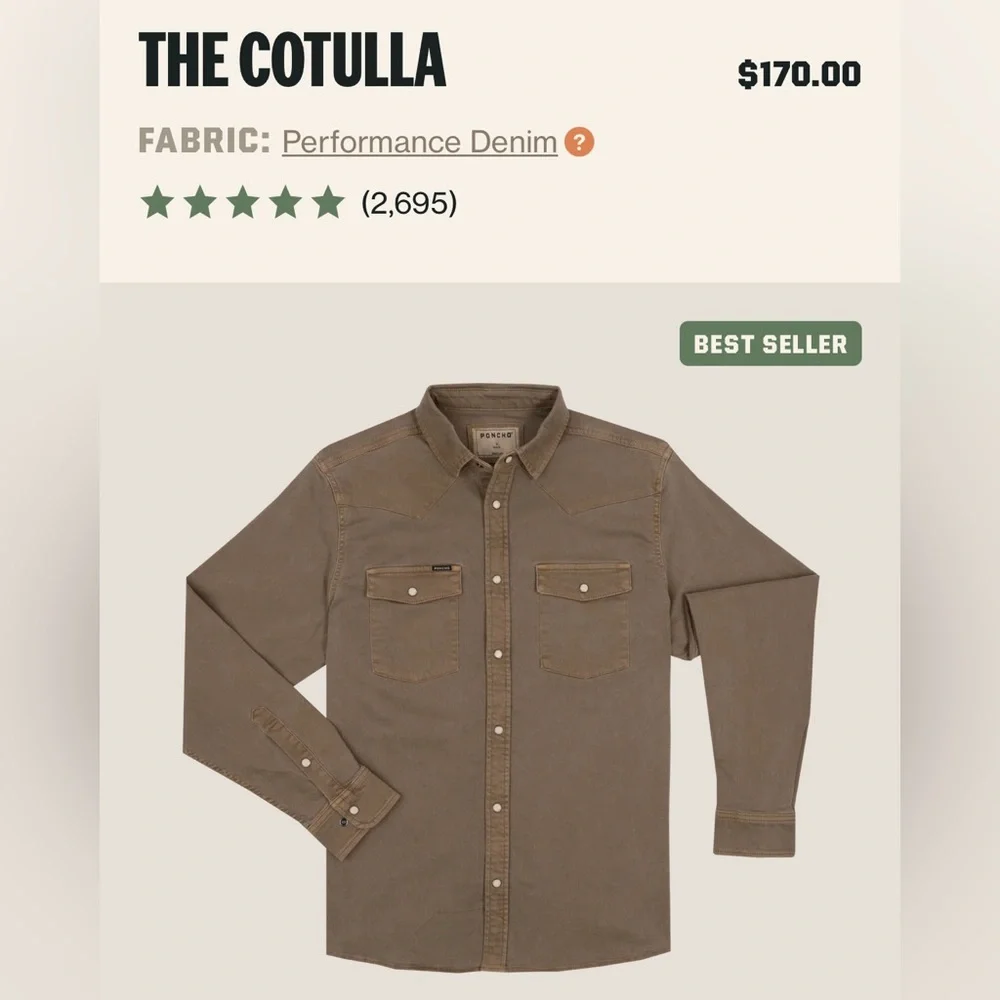 Poncho Cotulla Performance Denim Western Pearl Snap Shirt BrownWorkwear Outdoors - Picture 4 of 13